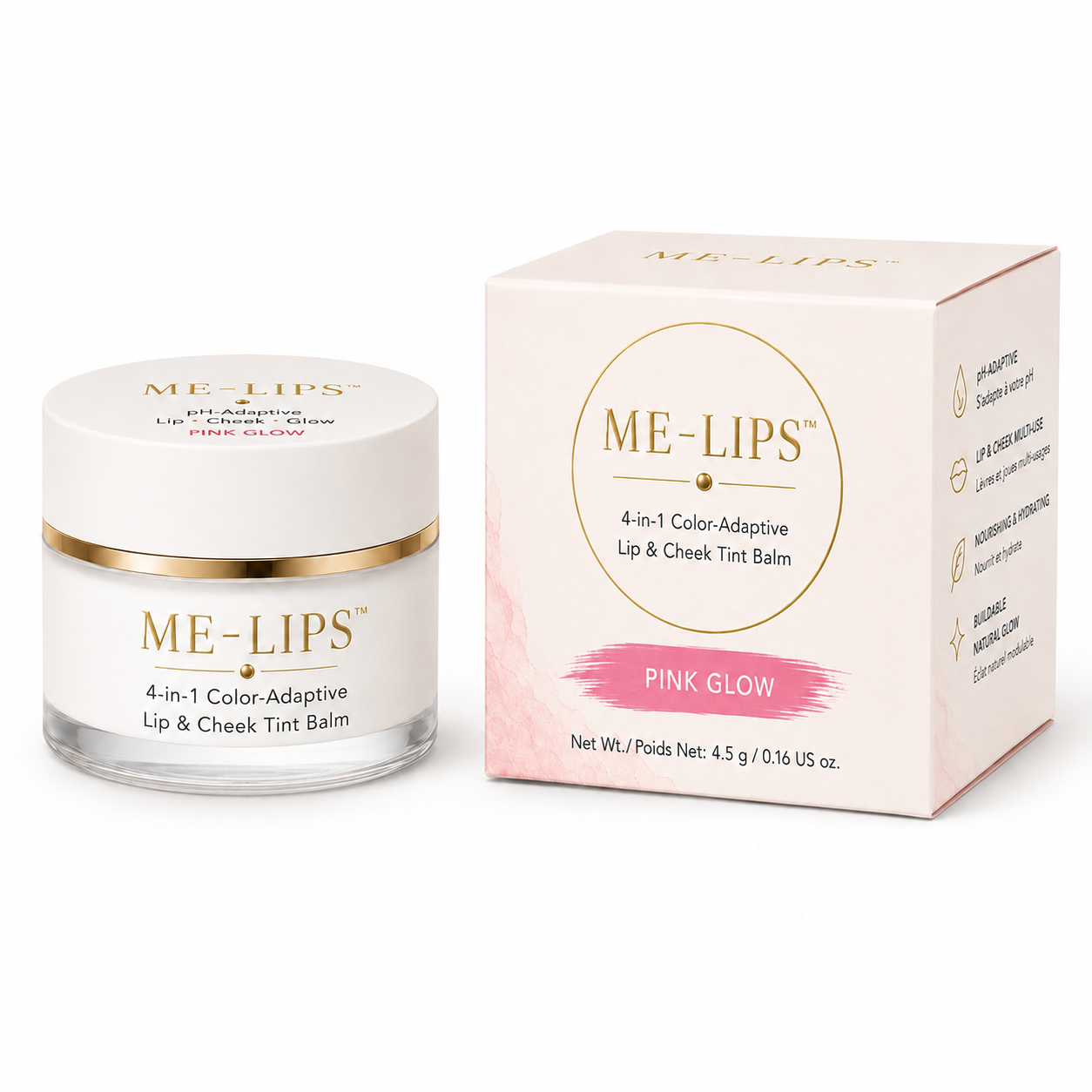 ME-LIPS Pink Glow 4-in-1 Color-Adaptive Lip & Cheek Tint Balm shown in a white jar with gold trim beside its Pink Glow retail box on a white background.