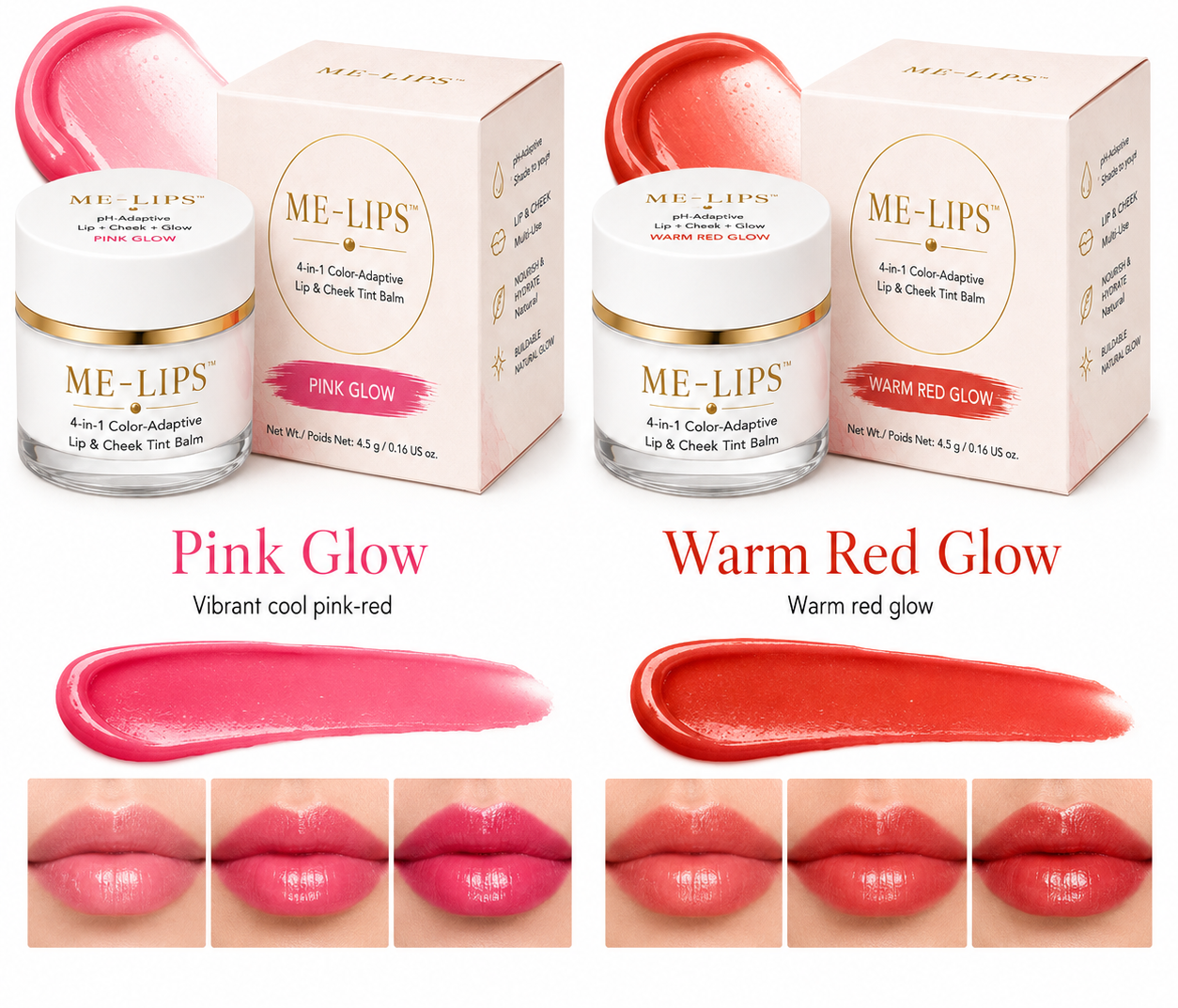 Side-by-side Pink Glow and Warm Red Glow shade guide showing balm jars, packaging, swatches and three layered lip examples per shade