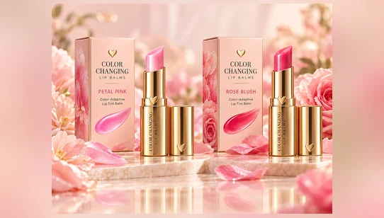 2027 design preview of Color Changing Lip Balms: Petal Pink and Rose Blush, with full blush-pink cartons and polished gold heart-detail lipstick tubes.