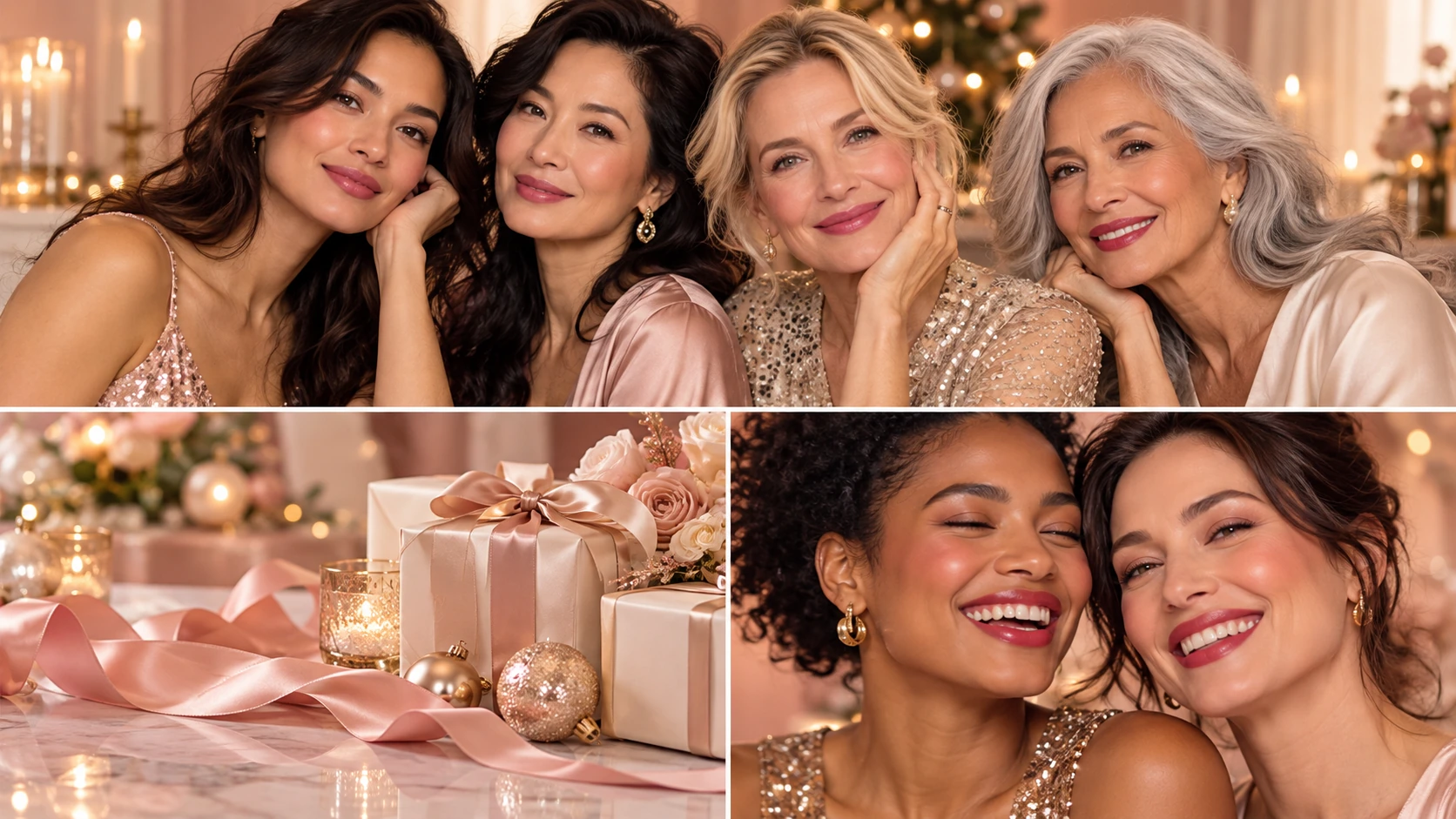 A festive beauty lookbook with women of varied ages, skin tones and hairstyles, warm holiday lights and blush-gold gift details