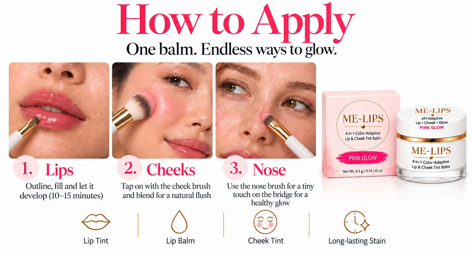 ME-LIPS lip and cheek balm application guide illustrating lips, cheeks and nose, plus a 10–15 minute color-development time