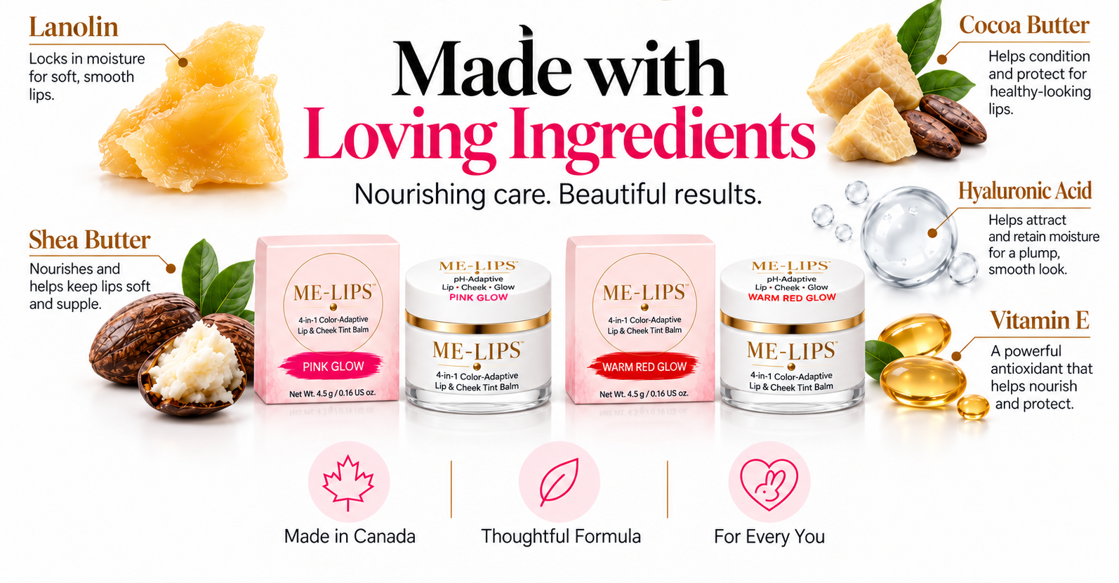 ME-LIPS ingredient illustration showing lanolin, shea butter, cocoa butter, hyaluronic acid, vitamin E and the two balm shades