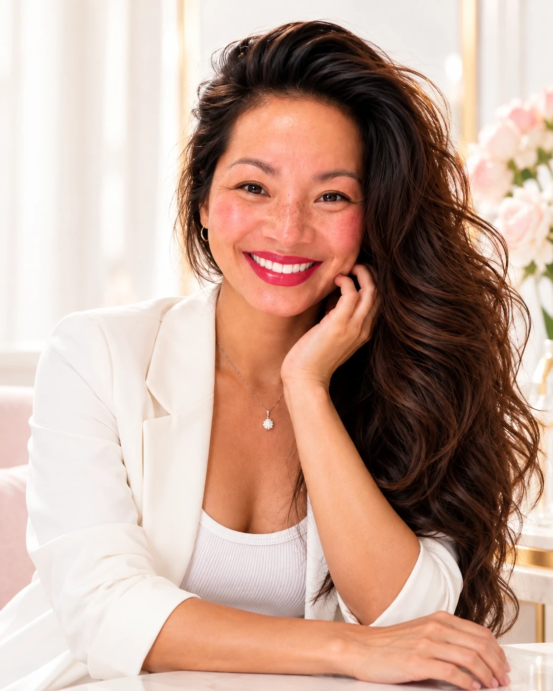 ME-LIPS founder Melinda Bui in a white blazer