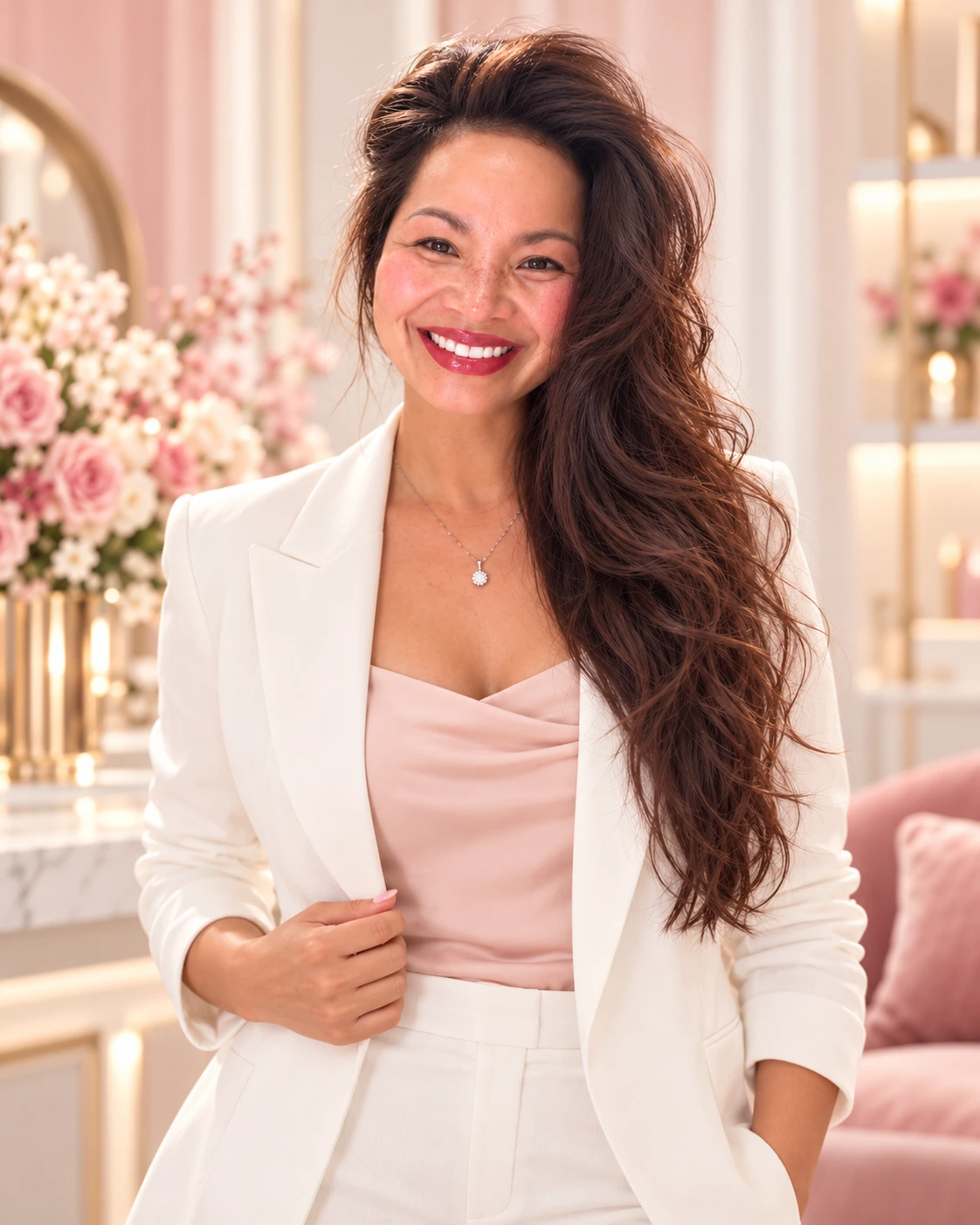 Melinda Bui, founder of ME-LIPS, in a soft blush studio portrait wearing a white blazer