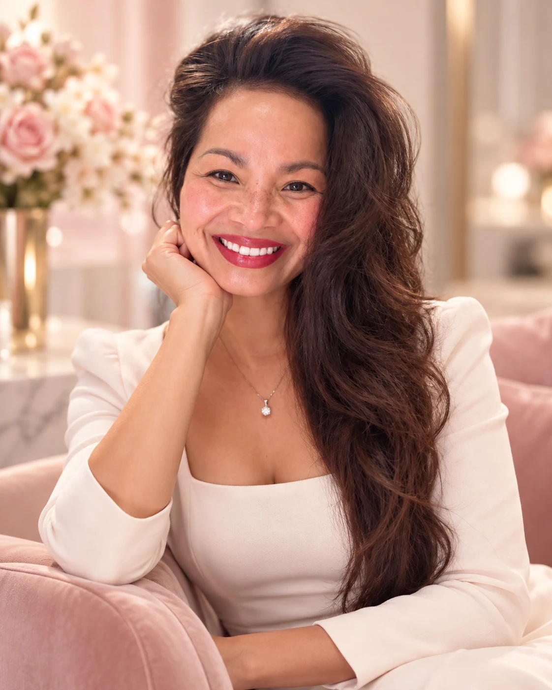 ME-LIPS founder Melinda Bui seated beside pale pink flowers