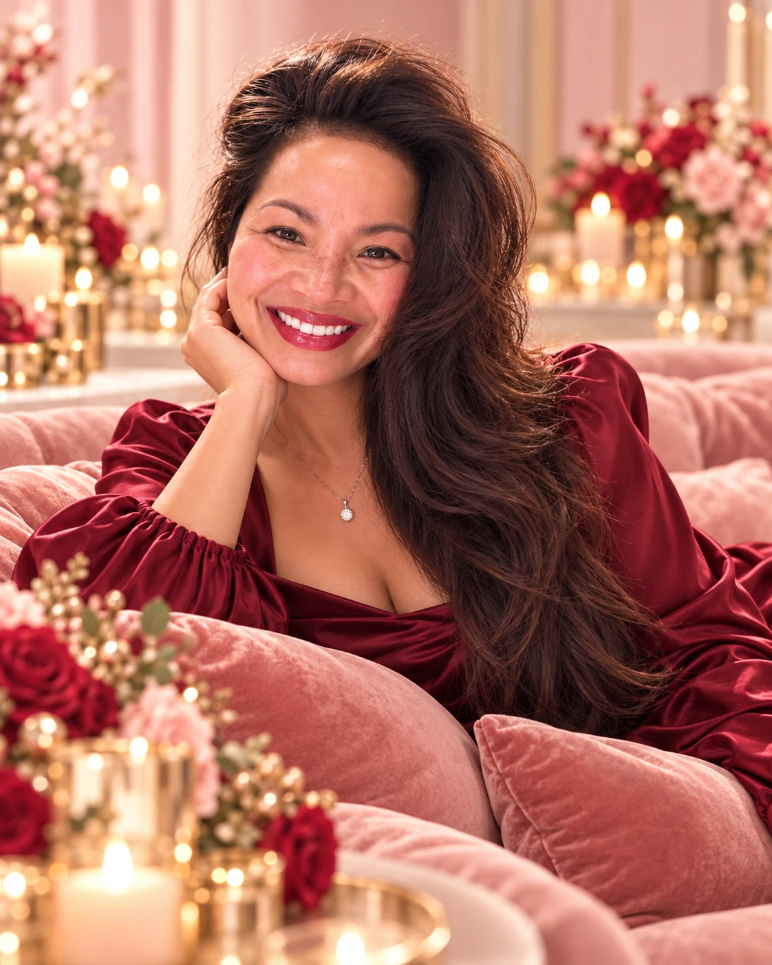 Portrait éditorial de Melinda Bui, fondatrice de ME-LIPS, dans un décor festif rose-rouge