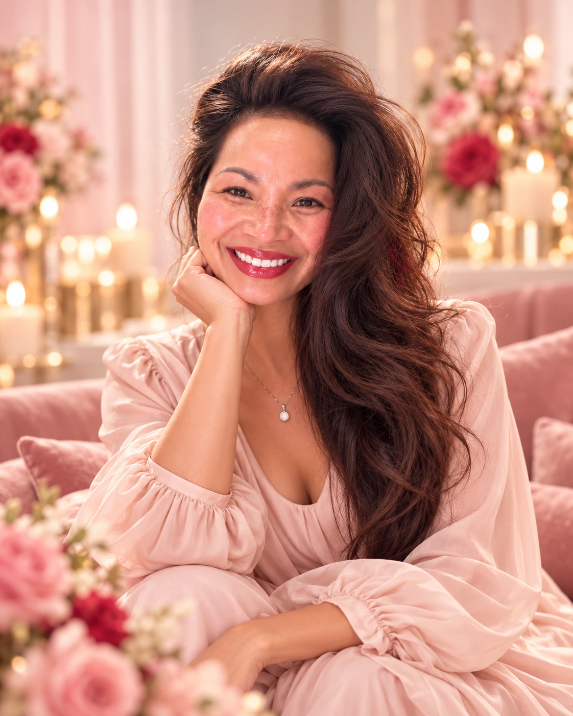 Melinda Bui, fondatrice de ME-LIPS, souriante dans un portrait éditorial rose poudré