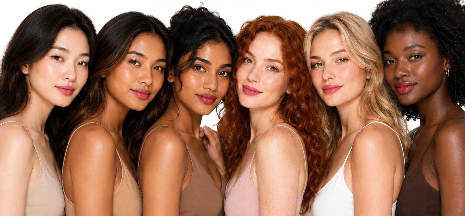 Group beauty portrait featuring women with varied skin tones and pink-red lip looks