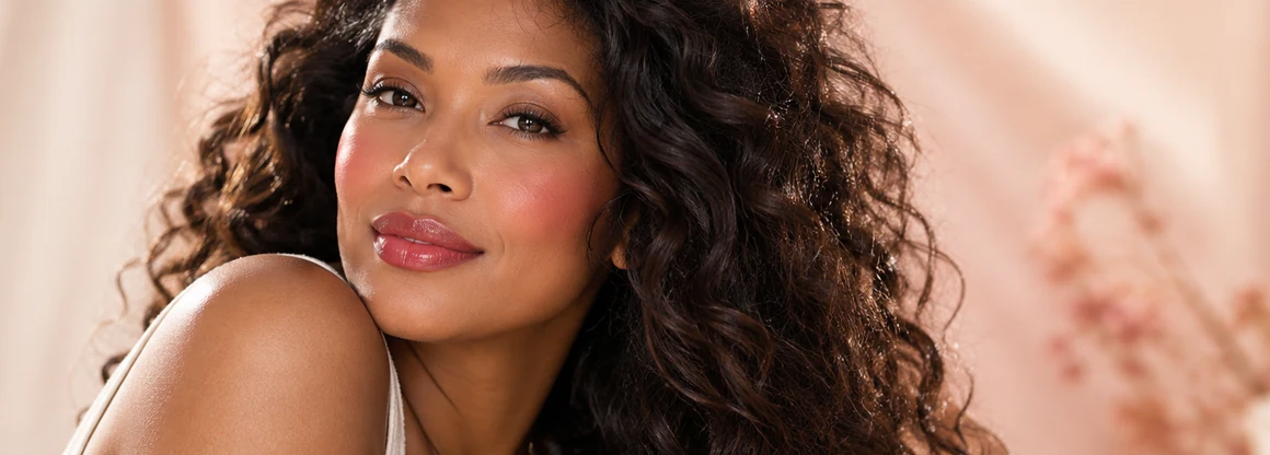 Beauty portrait demonstrating a warm red lip look
