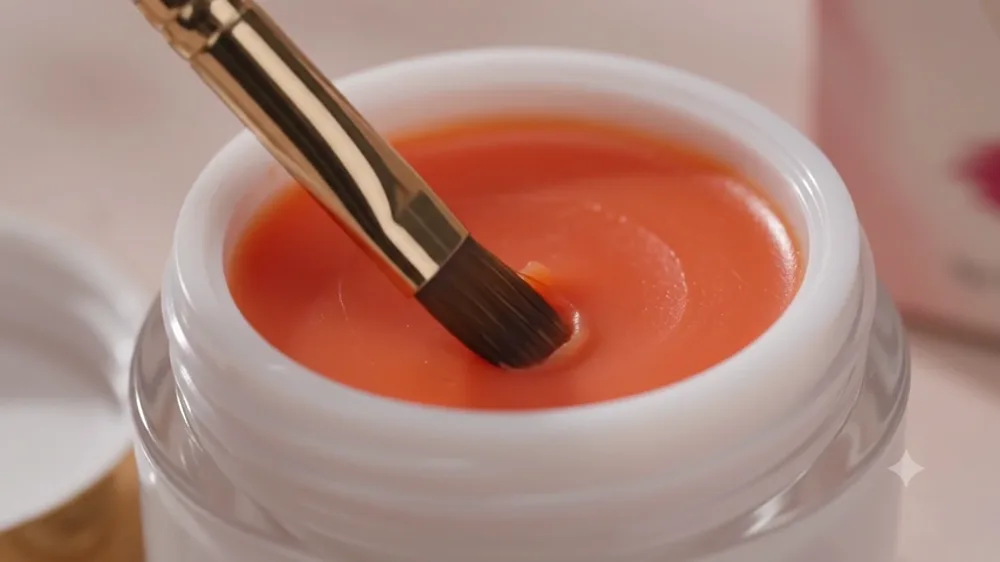 Close-up of a makeup brush dipped into orange ME-LIPS balm inside the jar