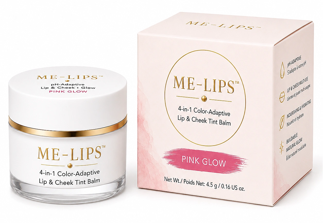 ME-LIPS Pink Glow color-adaptive lip and cheek tint balm, white gold-rimmed jar and pale pink retail box on a clean white background