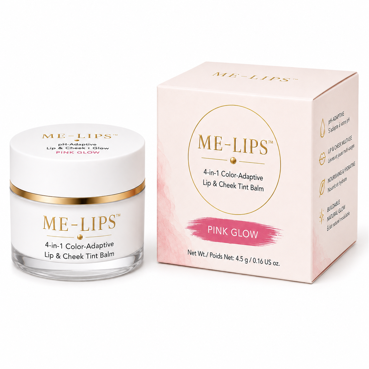 ME-LIPS Pink Glow 4-in-1 lip and cheek tint balm, white jar with gold trim beside pink retail box