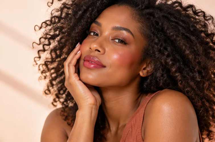 Beauty portrait of a woman with dark natural curls and a soft rosy lip