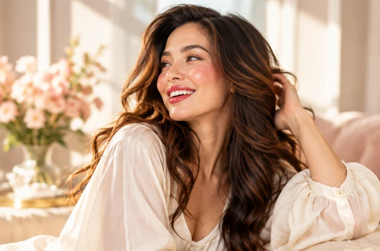 Portrait beauté en lumière douce d’une femme au maquillage rose naturel