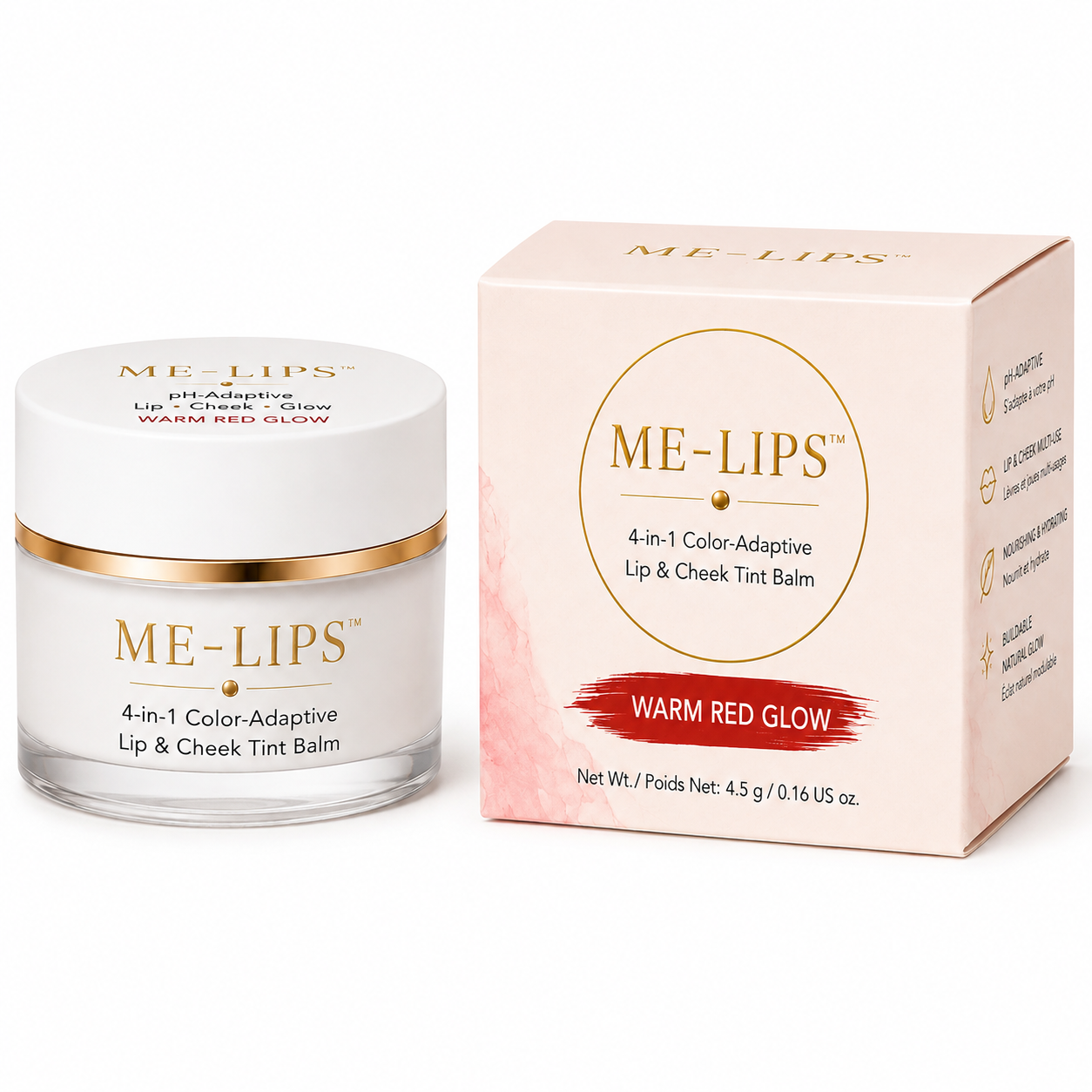 ME-LIPS Warm Red Glow 4-in-1 lip and cheek tint balm, white jar with gold trim beside rosy red retail box