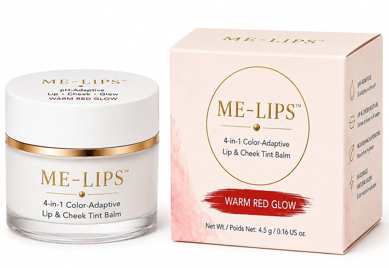 ME-LIPS Warm Red Glow color-adaptive lip and cheek tint balm, white gold-rimmed jar and blush pink retail box on a clean white background