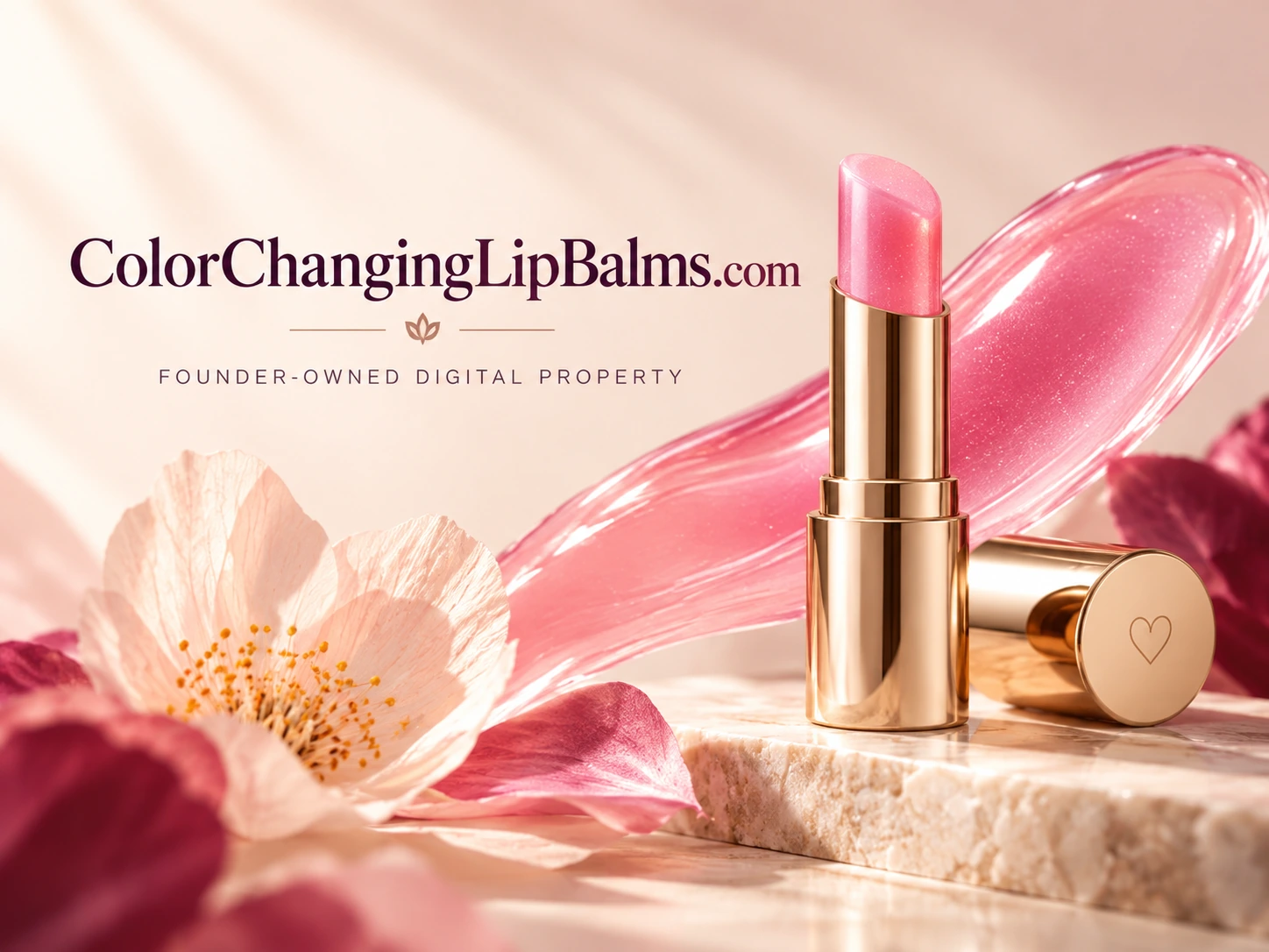 Historical ColorChangingLipBalms.com artwork with pink lip color, floral details and gold lipstick packaging, showing an early ME-LIPS idea