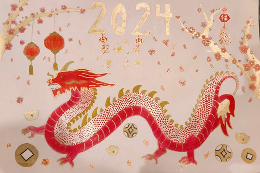 Celebrating Happy Lunar New Year in Pink Red Wood Dragon 2024