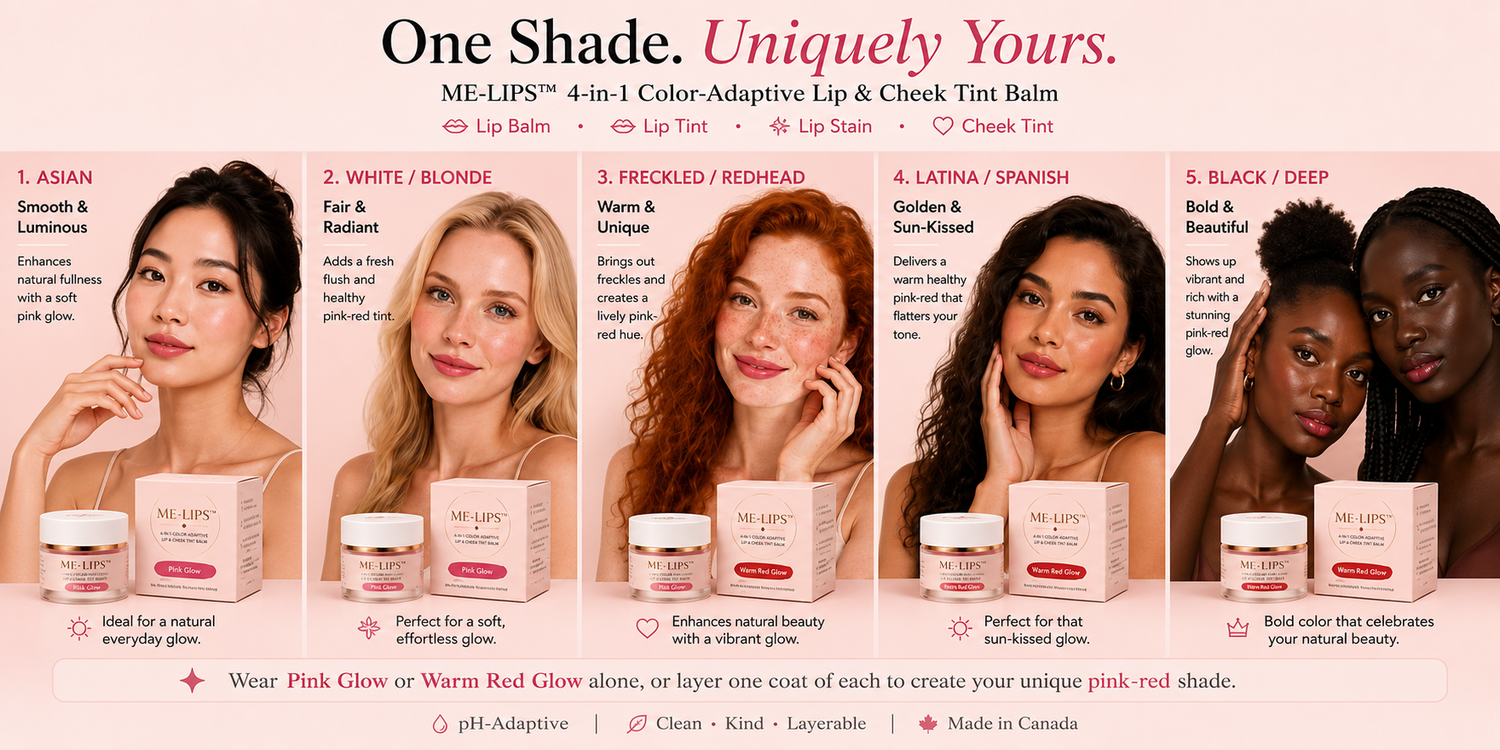 ME-LIPS 4-in-1 Color-Adaptive Lip & Cheek Tint Balm shown on Asian, fair blonde, freckled redhead, Latina and deep Black skin tones, featuring Pink Glow and Warm Red Glow from fair to deep.