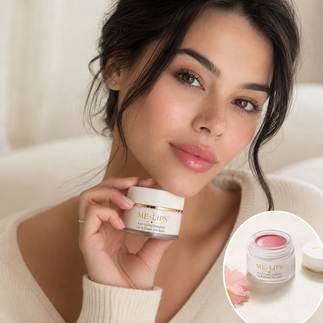 A woman holds a white cosmetic jar labeled ME-LIPS against a soft cream-colored background. An inset circle in the lower right shows the open jar containing a pink lip balm product.