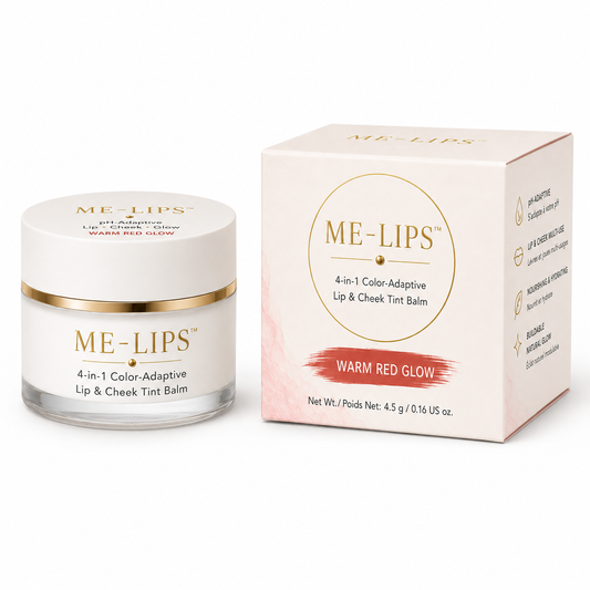 ME-LIPS Warm Red Glow 4-in-1 Color-Adaptive Lip & Cheek Tint Balm shown in a white jar with gold trim beside its matching retail box on a white background.