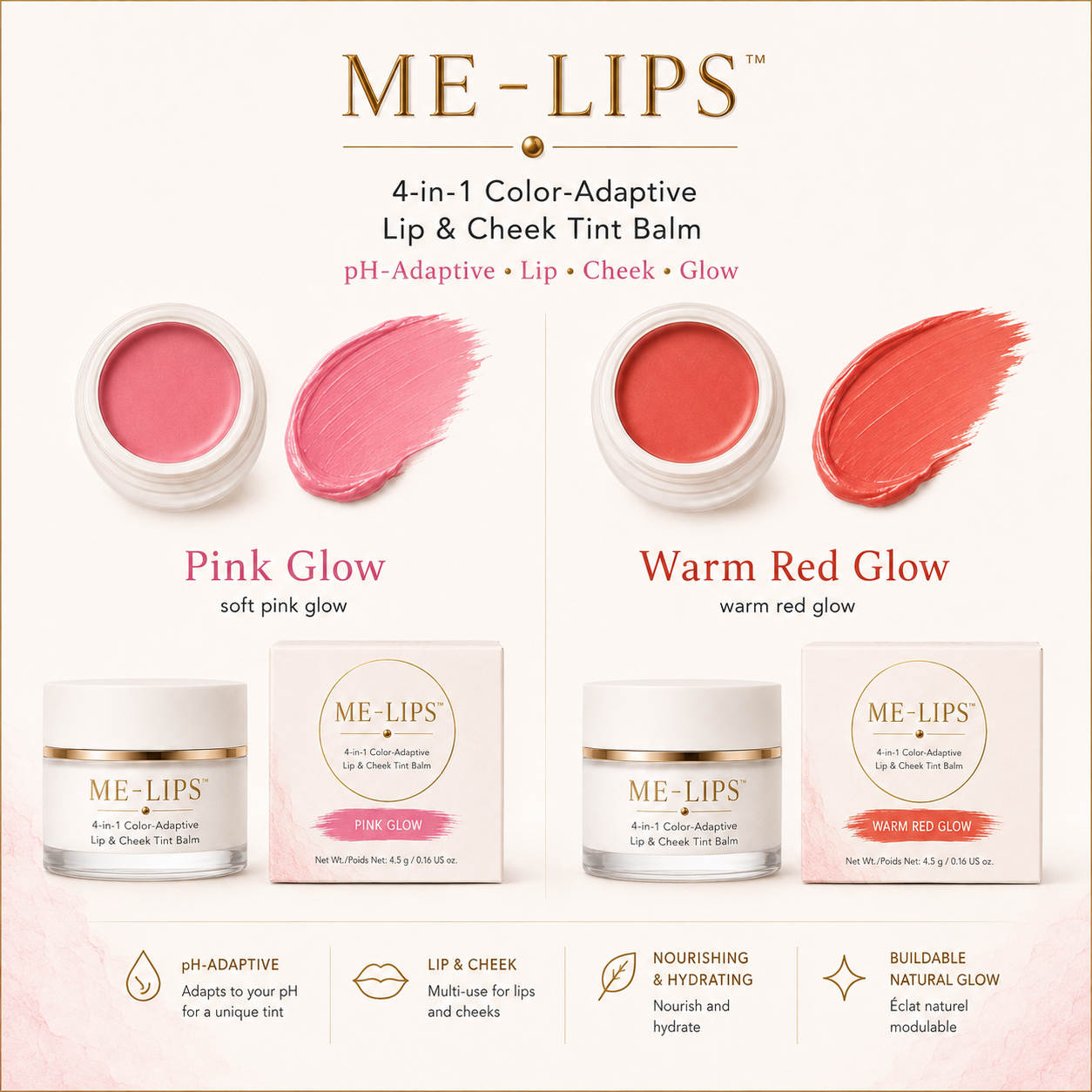 ME-LIPS 4-in-1 Color-Adaptive Lip & Cheek Tint Balm comparing Pink Glow and Warm Red Glow with open jars, swatches, matching jars, and boxes.