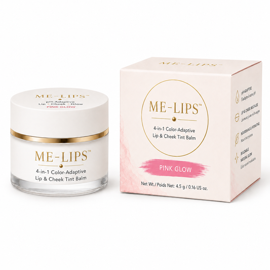 ME-LIPS Pink Glow 4-in-1 Color-Adaptive Lip & Cheek Tint Balm shown in a white jar with gold trim beside its Pink Glow retail box on a white background.