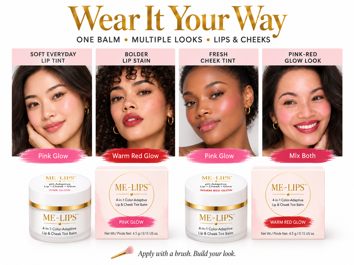 ME-LIPS 4-in-1 Color-Adaptive Lip & Cheek Tint Balm showing Pink Glow, Warm Red Glow and layered looks for soft lip tint, bolder lip stain and fresh cheek tint.