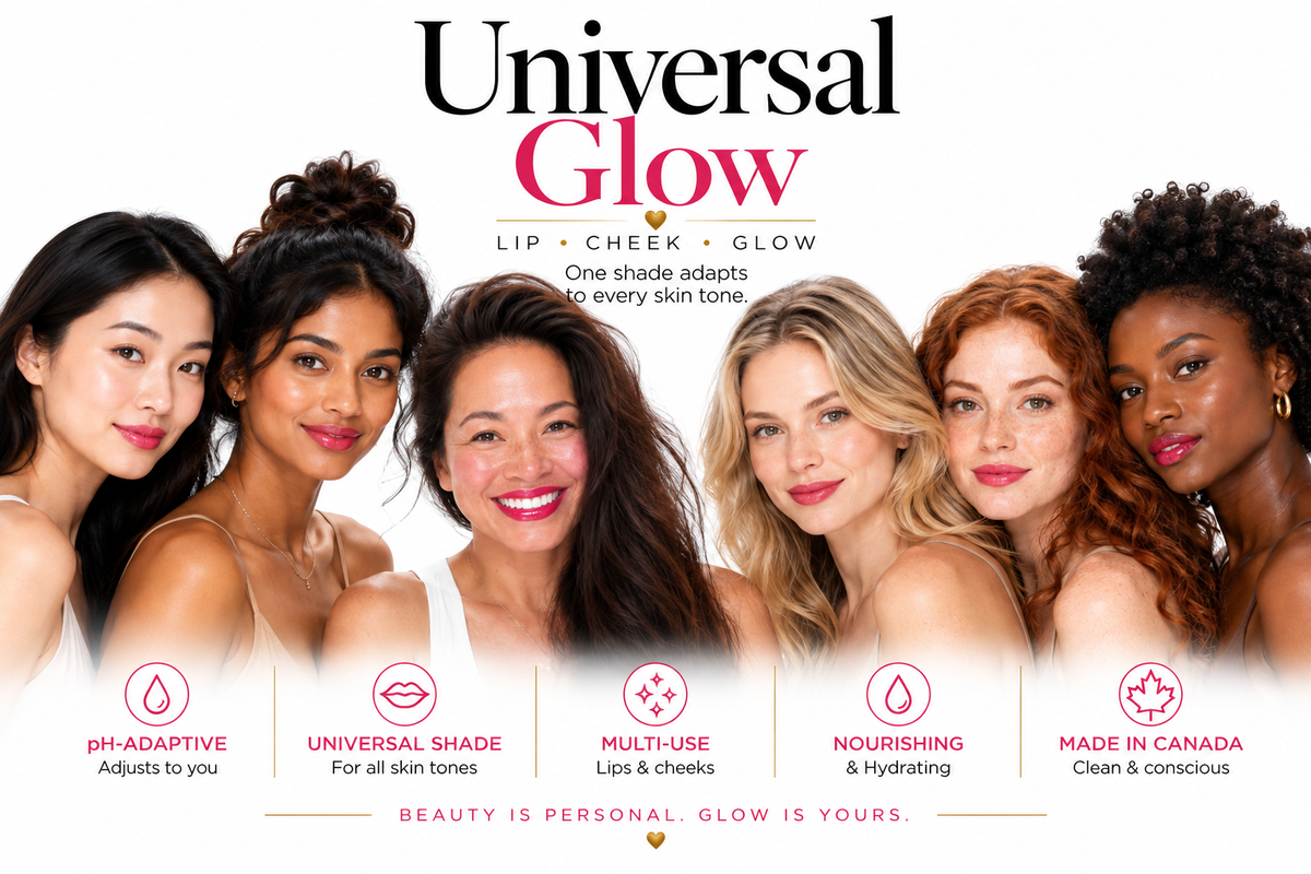 ME-LIPS 4-in-1 Color-Adaptive Lip & Cheek Tint Balm showing a universal pink-red glow across a range of skin tones, with pH-adaptive, hydrating and multi-use benefits.