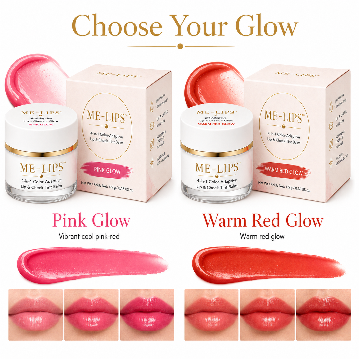 ME-LIPS shade comparison graphic titled 'Choose Your Glow' featuring Pink Glow (vibrant cool pink-red) and Warm Red Glow (warm red glow) side by side with product jars, packaging boxes, texture smears, and buildable lip swatches.