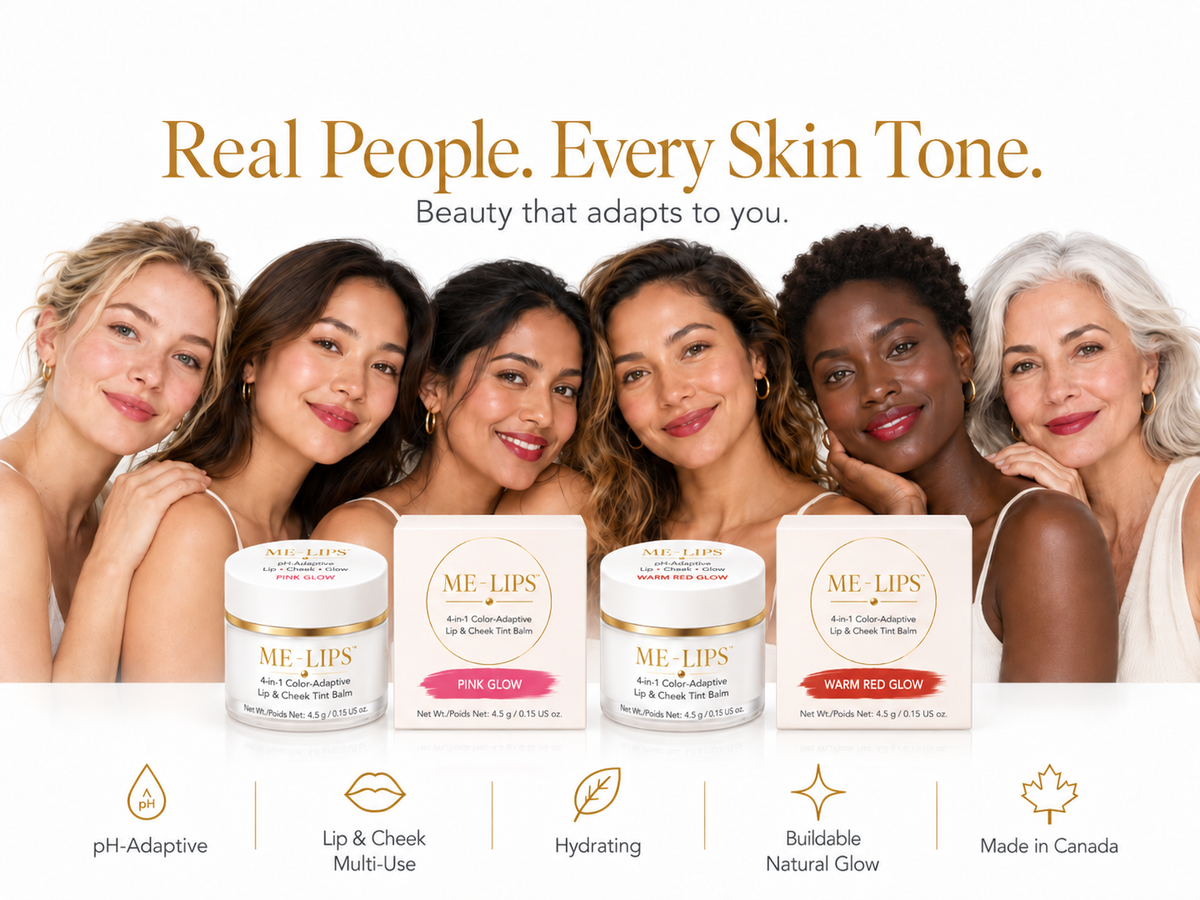 ME-LIPS Pink Glow and Warm Red Glow 4-in-1 color-adaptive lip and cheek tint balm shown on women with a range of skin tones.