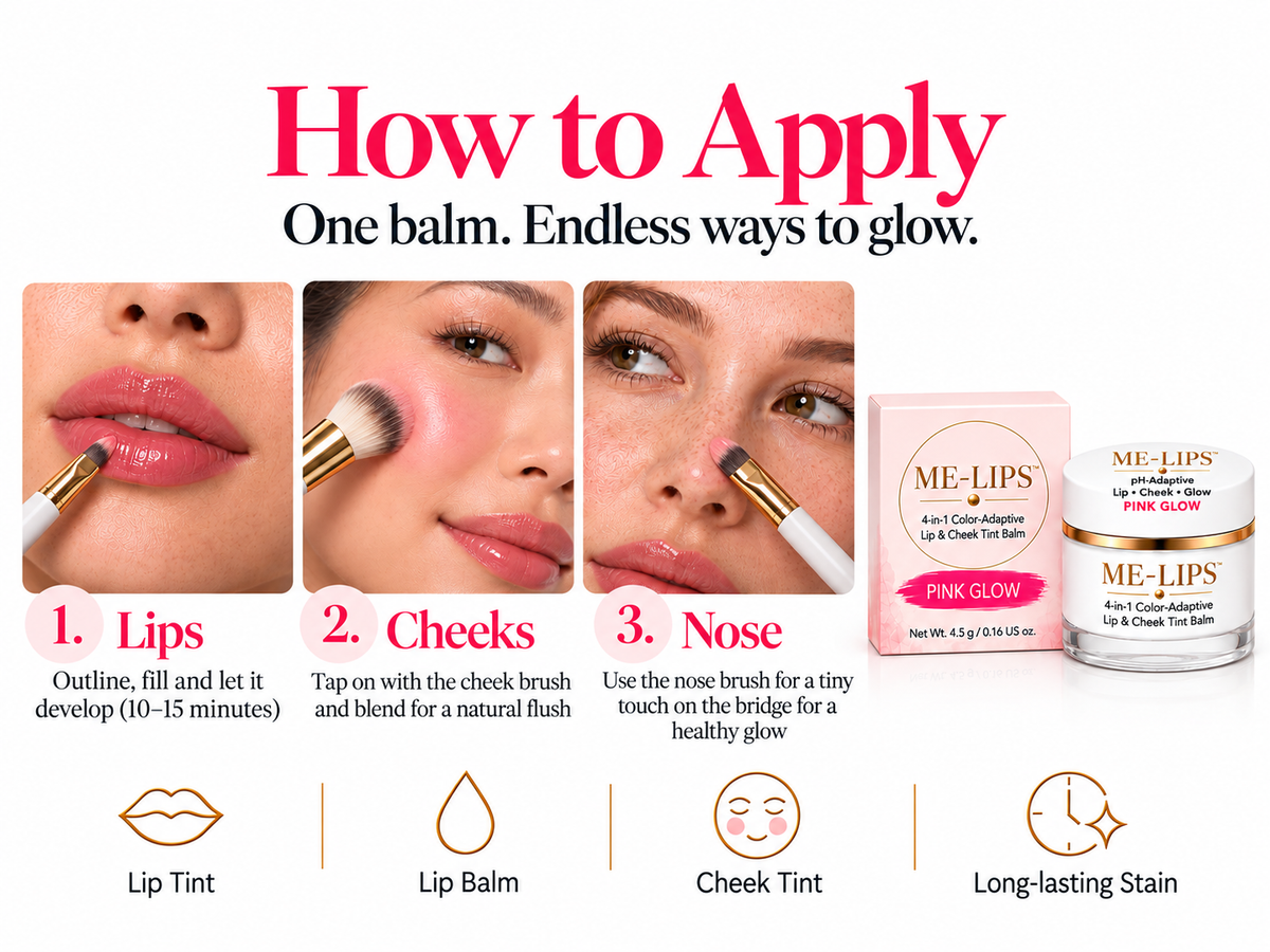 How to apply ME-LIPS Pink Glow color-adaptive lip and cheek tint balm to lips, cheeks and bridge of nose for buildable natural color.