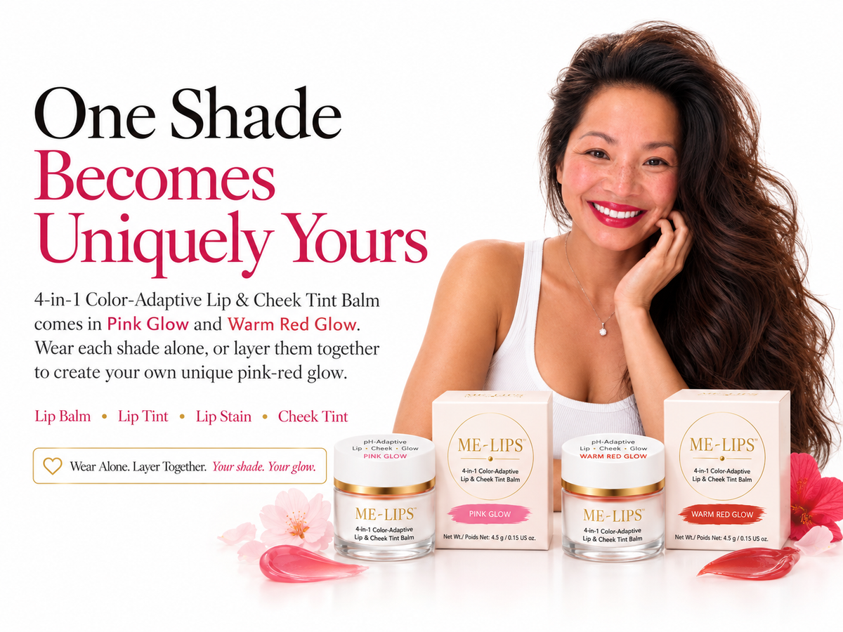 ME-LIPS founder Melinda Bui with Pink Glow and Warm Red Glow 4-in-1 color-adaptive lip and cheek tint balm on a white background.