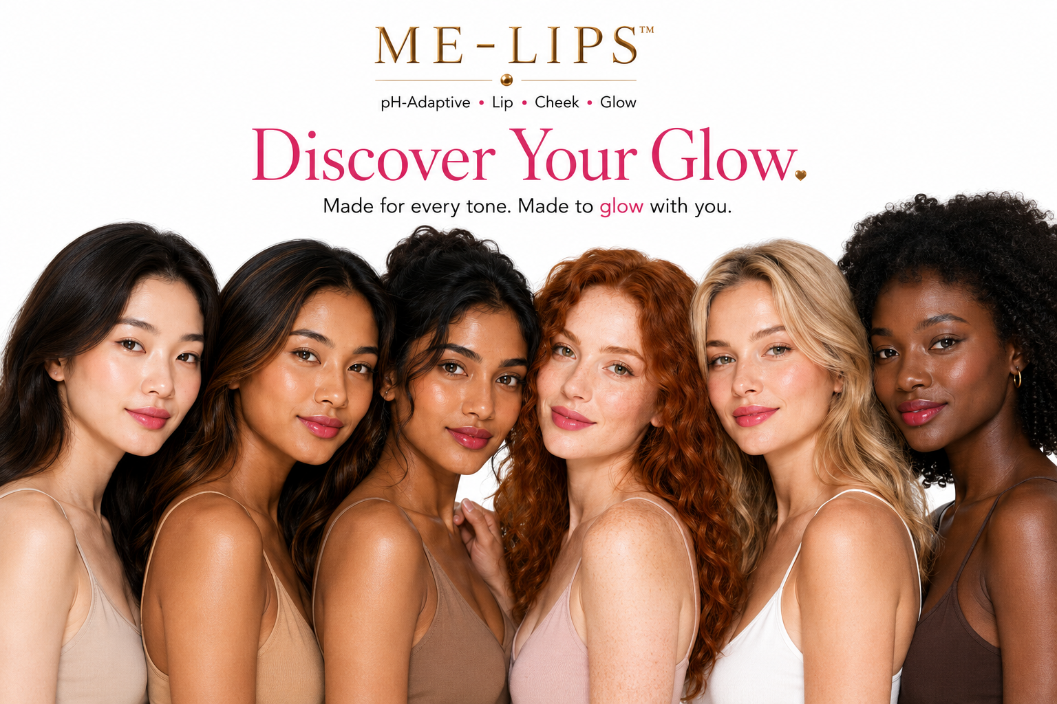 ME-LIPS banner titled "Discover Your Glow" featuring six models with diverse skin tones showcasing pH-adaptive lip and cheek tint balm against a white background.