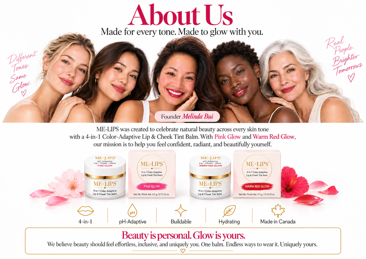 ME-LIPS founder Melinda Bui with women across a range of skin tones and Pink Glow and Warm Red Glow 4-in-1 Color-Adaptive Lip & Cheek Tint Balms, made in Canada.