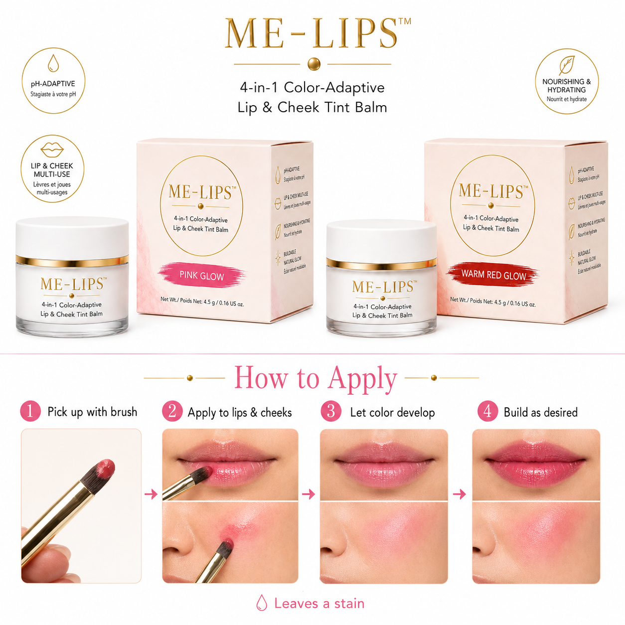 ME-LIPS 4-in-1 Color-Adaptive Lip & Cheek Tint Balm infographic with product jars and boxes in Pink Glow and Warm Red Glow. Features a four-step 'How to Apply' tutorial: 1. Pick up with brush, 2. Apply to lips & cheeks, 3. Let color develop, and 4. Build as desired, demonstrating the custom tint on lips and cheeks.