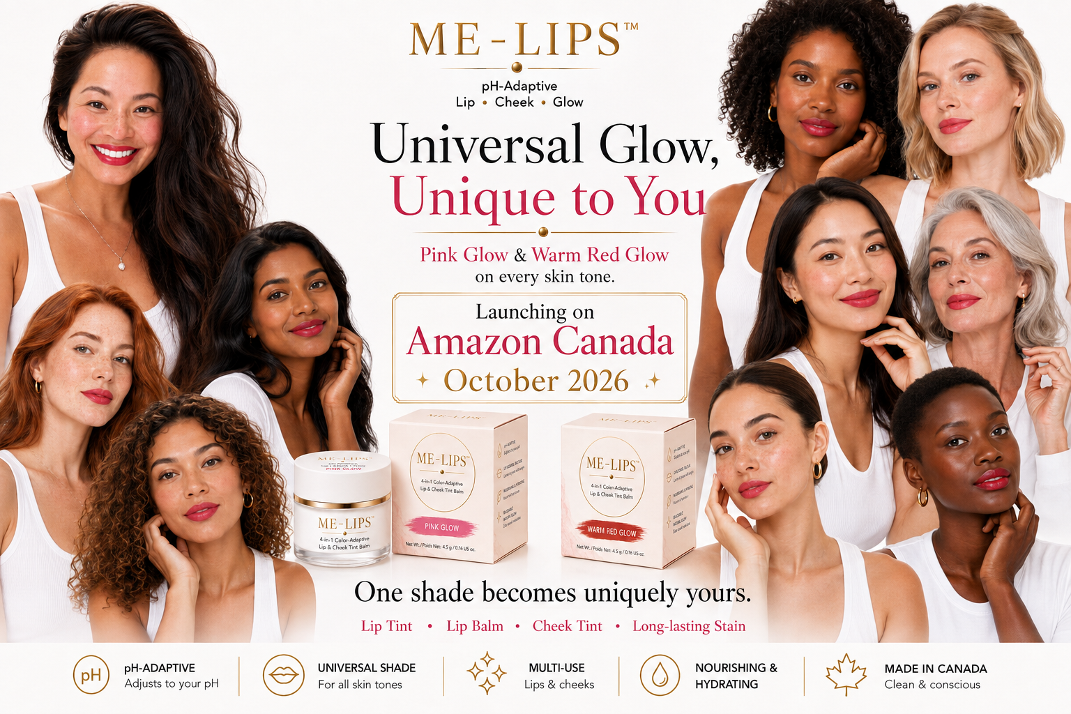 ME-LIPS promotional banner announcing Launching on Amazon Canada October 2026 with diverse models showcasing pH-adaptive lip and cheek tint balm shades Pink Glow and Warm Red Glow.