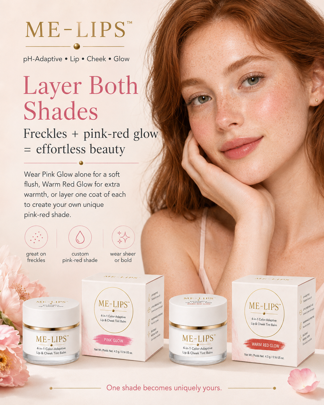 ME-LIPS product slide titled "Layer Both Shades" featuring a freckled, redhead model alongside Pink Glow and Warm Red Glow jars and packaging.