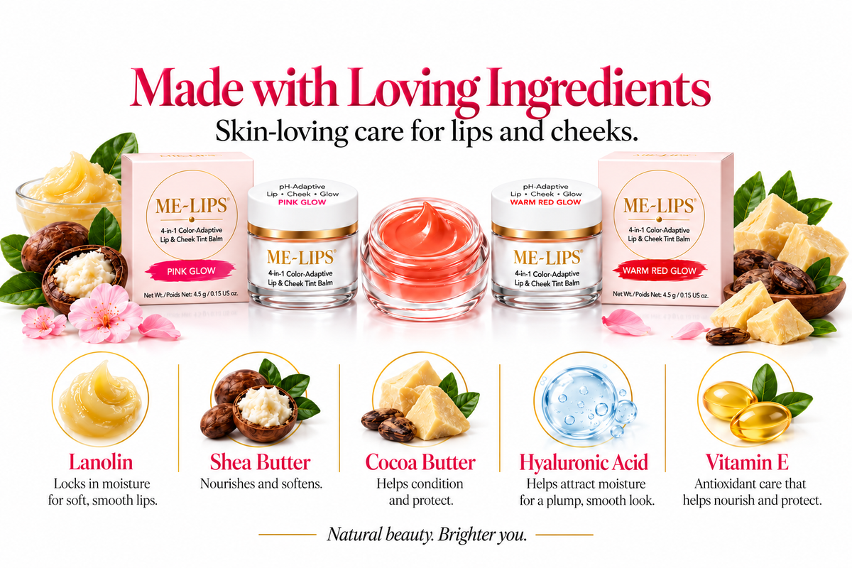 ME-LIPS 4-in-1 Color-Adaptive Lip & Cheek Tint Balm in Pink Glow and Warm Red Glow with lanolin, shea butter, cocoa butter, hyaluronic acid and vitamin E.