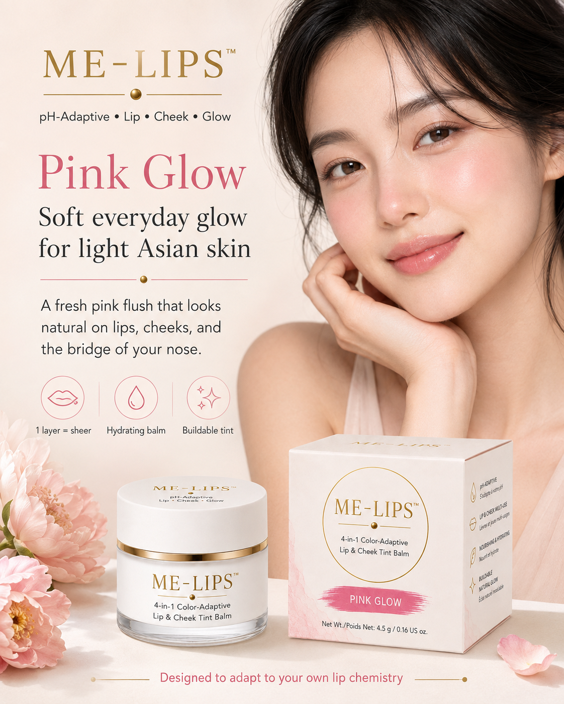 ME-LIPS Pink Glow shade slide titled "Soft everyday glow for light Asian skin," featuring a model wearing the pink lip and cheek tint alongside the Pink Glow jar and box.
