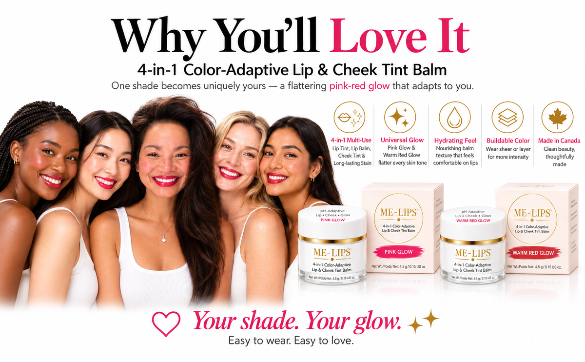 ME-LIPS Pink Glow and Warm Red Glow 4-in-1 color-adaptive lip and cheek tint balm with models across different skin tones, highlighting multi-use, hydrating and buildable color.