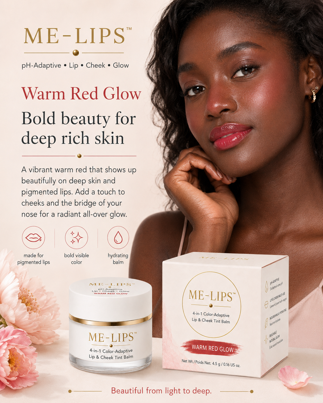 ME-LIPS Warm Red Glow slide titled "Bold beauty for deep rich skin," featuring a dark-skinned model wearing vibrant warm red lip and cheek tint alongside the Warm Red Glow jar and box.