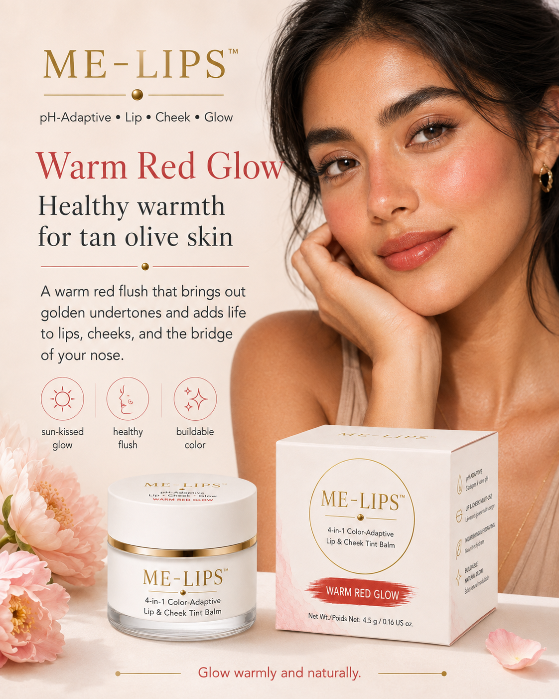 ME-LIPS Warm Red Glow slide titled "Healthy warmth for tan olive skin," featuring a model wearing warm red lip and cheek tint alongside the Warm Red Glow jar and packaging box.