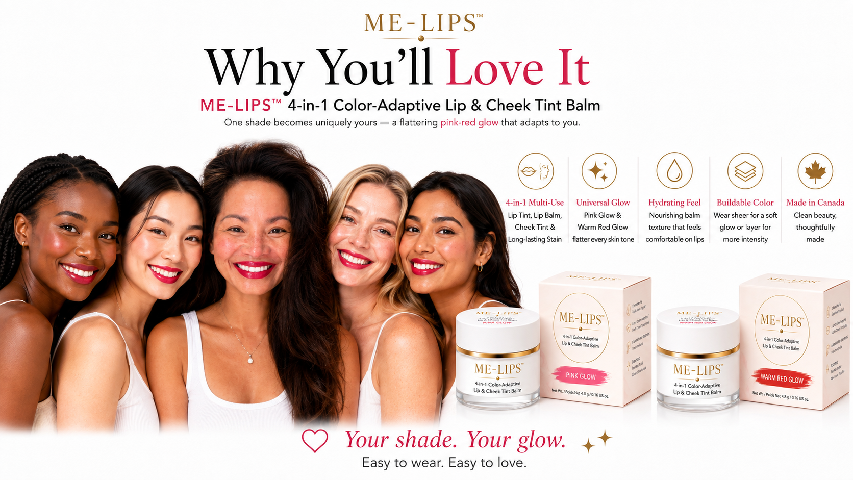 ME-LIPS Why You'll Love It banner showing key features including 4-in-1 multi-use, universal glow, hydrating feel, buildable color, and made in Canada.