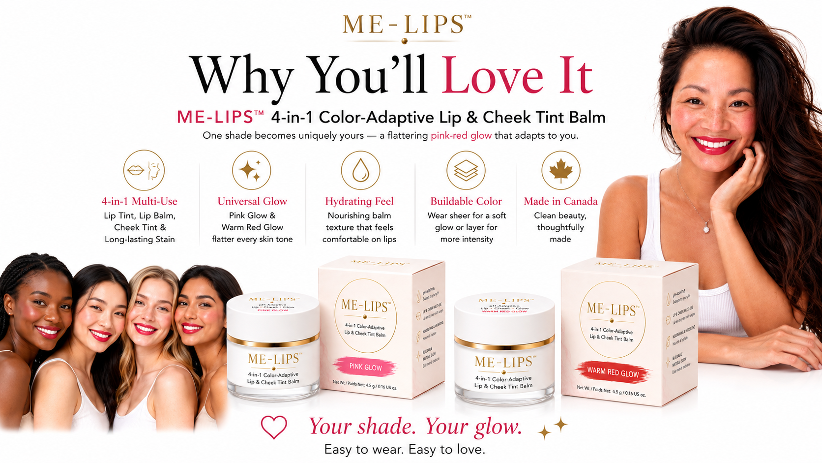 ME-LIPS Why You'll Love It banner showing key features including 4-in-1 multi-use, universal glow, hydrating feel, buildable color, and made in Canada.