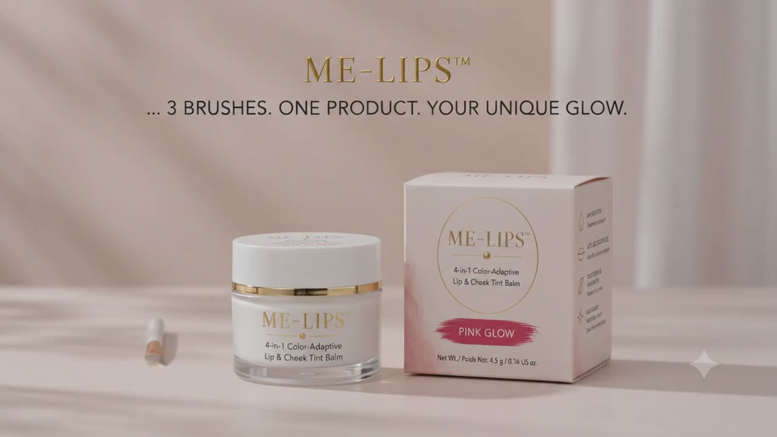 ME-LIPS 4-in-1 Color-Adaptive Lip & Cheek Tint balm in Pink Glow next to its product box and three makeup brushes, set below gold typography reading "ME-LIPS: 3 BRUSHES. ONE PRODUCT. YOUR UNIQUE GLOW."