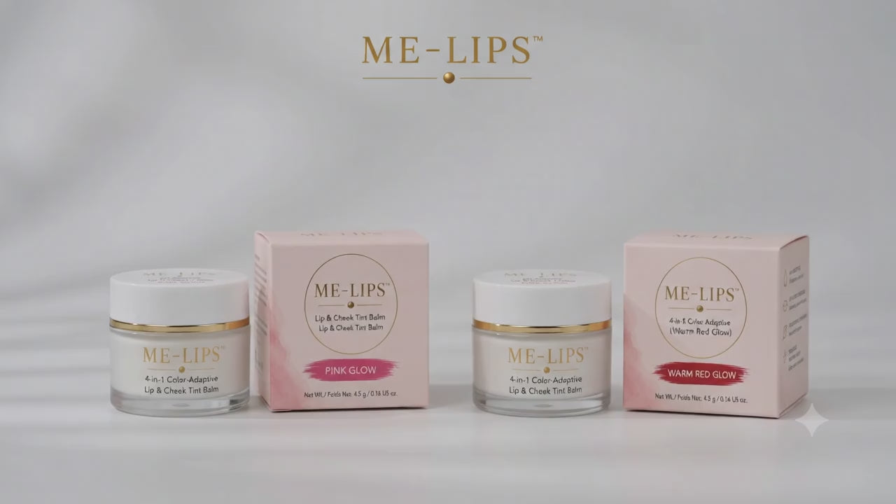 Load video: Demonstration of ME-LIPS 4-in-1 Color-Adaptive Lip &amp; Cheek Tint Balm applied on lips, cheeks, and nose using three brushes for a natural glow