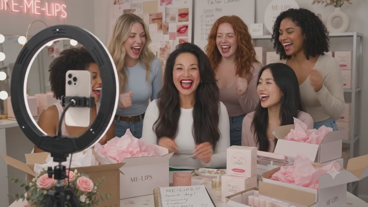Load video: Demonstration of ME-LIPS 4-in-1 Color-Adaptive Lip &amp; Cheek Tint Balm applied on lips, cheeks, and nose using three brushes for a natural glow