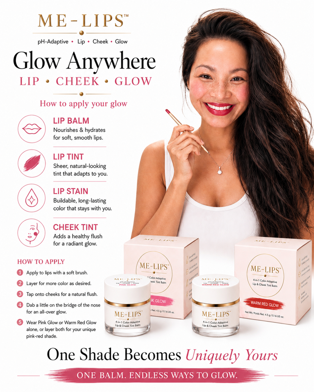 Demonstration of ME-Lips™ 4-in-1 Unique Pink-Red Tint applied with three brushes: lip brush for lips, small brush for nose, and cheek brush for natural blush. Shows step-by-step professional brush technique for lips, cheeks, and nose.