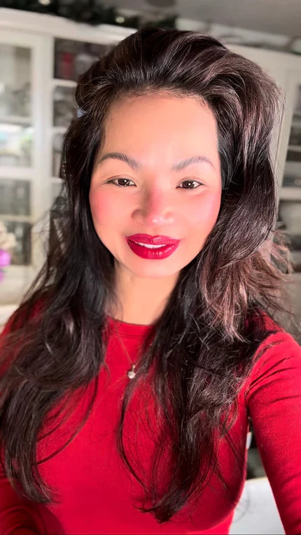 Demonstration of ME-Lips™ 4-in-1 Unique Pink-Red Tint applied with three brushes: lip brush for lips, small brush for nose, and cheek brush for natural blush. Shows step-by-step professional brush technique for lips, cheeks, and nose.